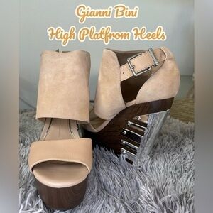 Gianni Bini Beige/Tan Suede & Wood Platform Wedge Sandals